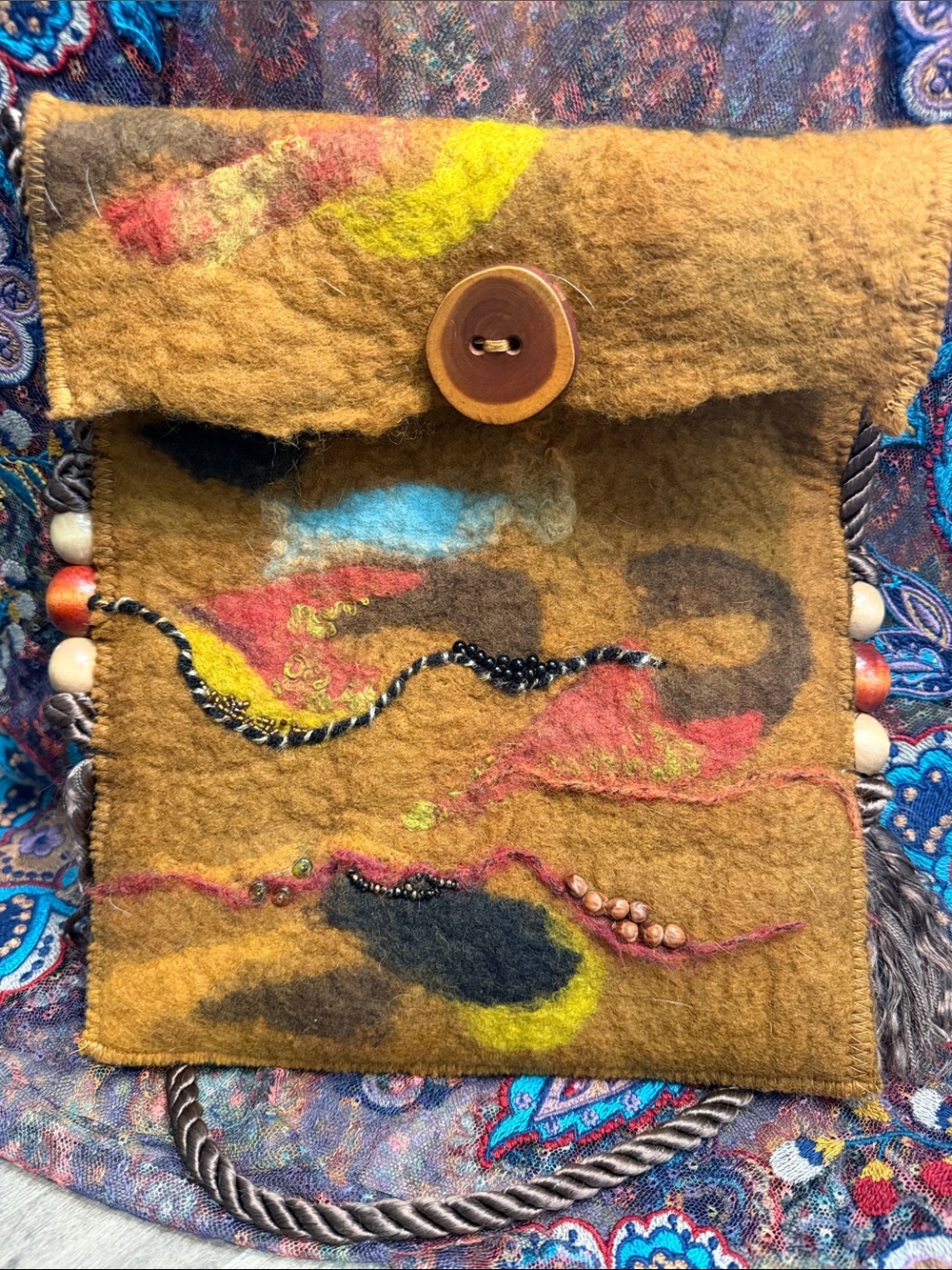Handcrafted Felted wool multi colored Crossbody Bag with beaded Accents